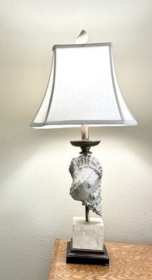 Lux Conch Shell Lamp w/ Stone & Wood Base, Linen Shade & Decorative Faux Finial
