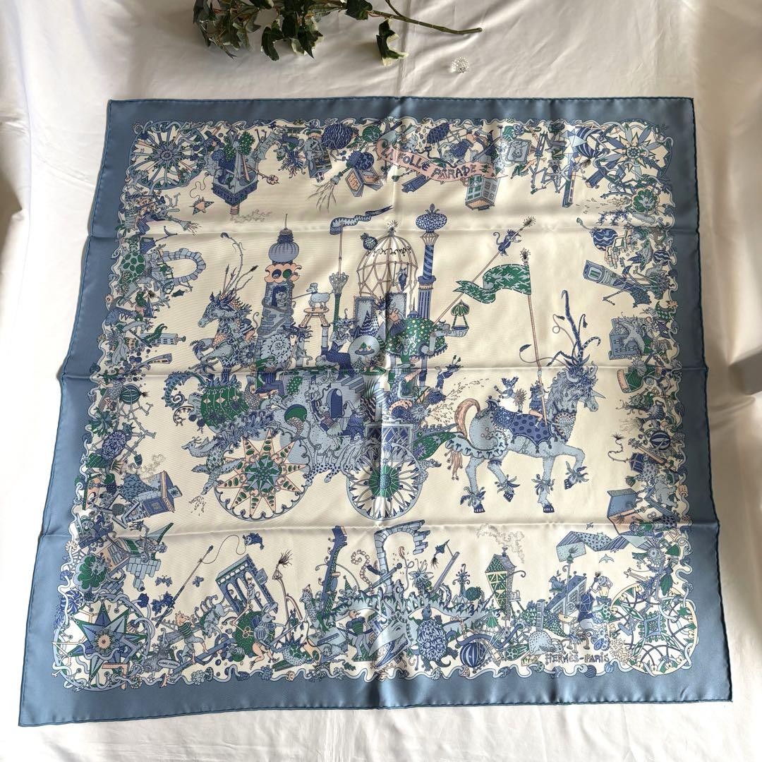 HERMES Carré 90 Silk Scarf La Forêt Parade Blue Nature Authentic Japan RIN