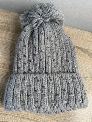 Hallhuber Girl Gray Ribbed Knit Beanie Hat With Rhinestones And Pom Pom