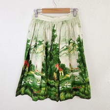 Vintage 1950s border print skirt full circle landscape watercolor village women