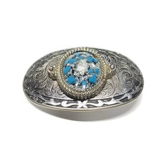 Vintage Beautiful Silver Color Belt Buckle 3.5  With Blue Stone Inlay READ