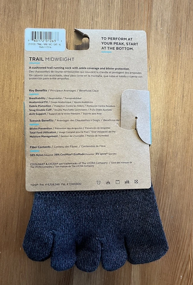 Injinji Trail Toe Socks Men's XL Midweight Mini-Crew Gray COOLMAX Blister Free - Image 4 of 4
