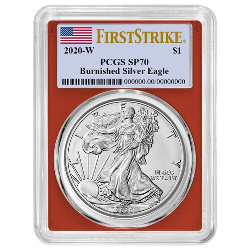 2020-W Burnished $1 American Silver Eagle PCGS SP70 FS Flag Label Red Frame