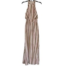 Nine West Maxi Dress Pink Brown Striped Halter Ruffle Neck Women Size S