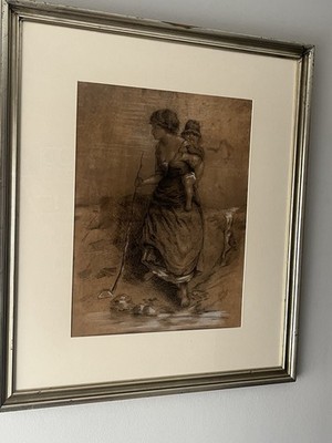 19. Jahrhundert - Französisch ? - Kohle Arbeitszimmer - Mutter & Kind - signiert & datiert
