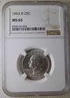 1963 D Washington Silver Quarter Dollars  25C, NGC MS65, SWEET TONING, NICE COIN