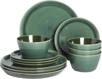 Fern Canyon 12-Piece Dinnerware Set for 4 - Glossy Green Stoneware Dishes
