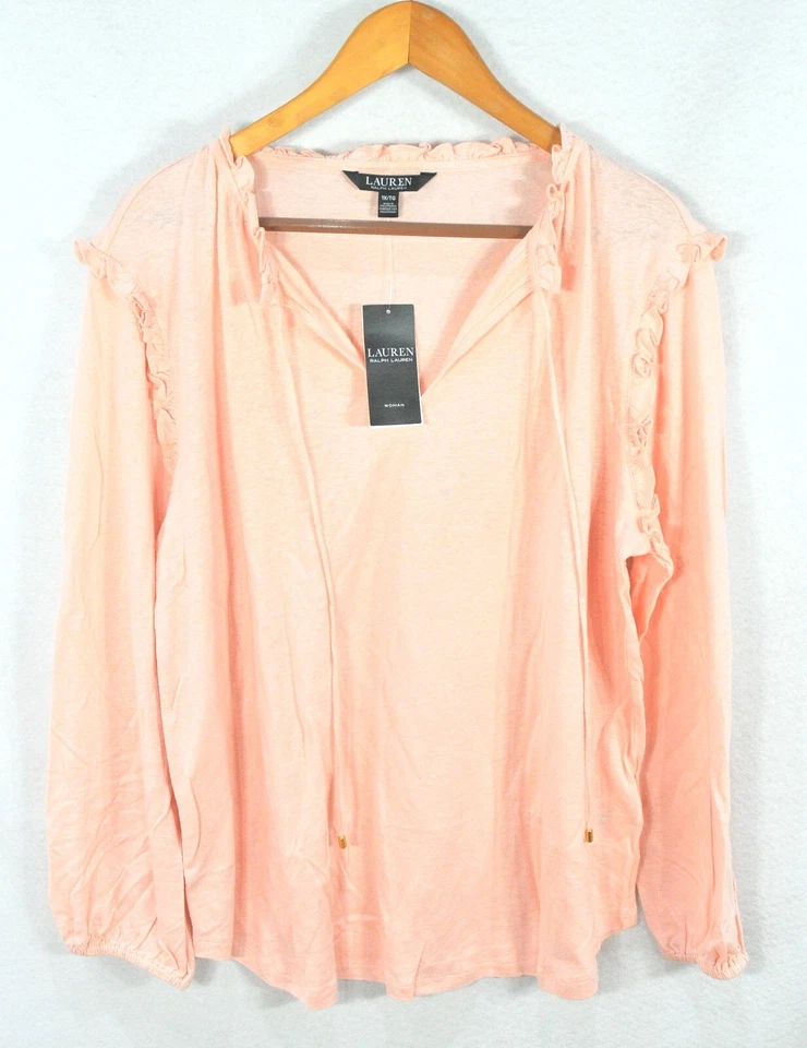 Blusa Top Lauren Ralph Luren Para Mujer Talla 1X Rosa Suave Boho Cuello Atado Nueva con Etiquetas Foto 2 de 4