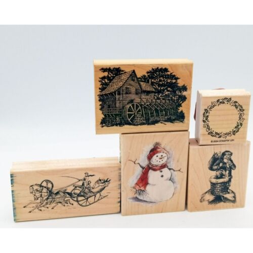 Lot 5 Christmas Rubber Stamps Wooden House Wreath Snowman Sleigh Santa Chimney - Afbeelding 1 van 10