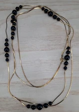 Vintage 38" Long Goldtone And Navy Double Stranded Opera Length Necklace