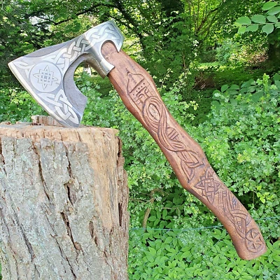 MARKENLOS Axt Wikinger Odin Thor Mittelalter WIKINGER-Axt Mit Geschnitztem Griff (VA11)
