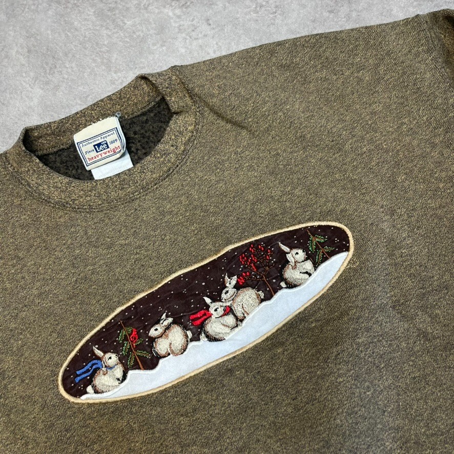 Lee Sweatshirt Mens Medium Christmas Rabbits Crew Neck Pull Over Jumper, Brown image 4