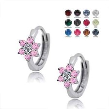 14k Solid White Gold CZ Flower Huggies Hoop Earrings All Birthstone Colors