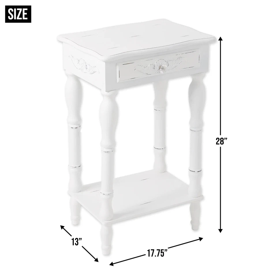 Carved White Side Table Distressed Antiqued Finish Drawer Display Shelf 28" Tall - Image 4 of 4