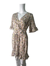 PRETTYLITTLETHING Dress Size Medium 12 Cream Beige Mix Floral Wrap Womens EU40