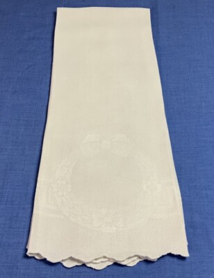 Large Vintage Antique Show Towel, White, Woven Floral & Geometric Design