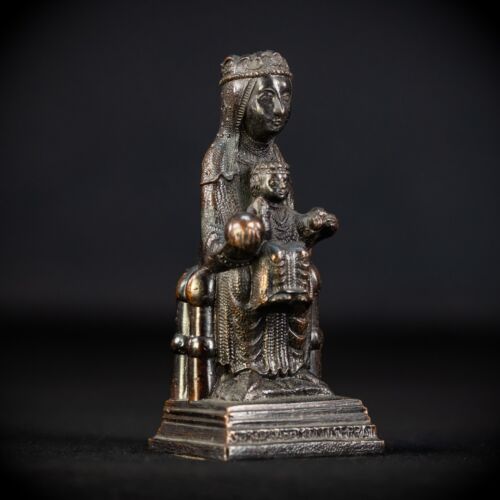 Black Madonna Metal Sculpture | Antique Virgin of Montserrat Statue | 4.3"_