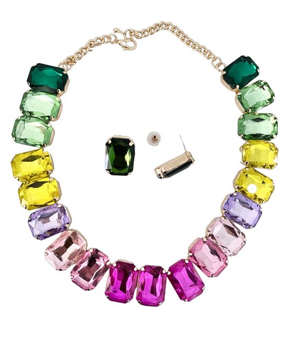 One Strand Rainbow Multicolor LGBTQ+ Chunky Acrylic Crystals Necklace Earrings - Picture 2 of 4