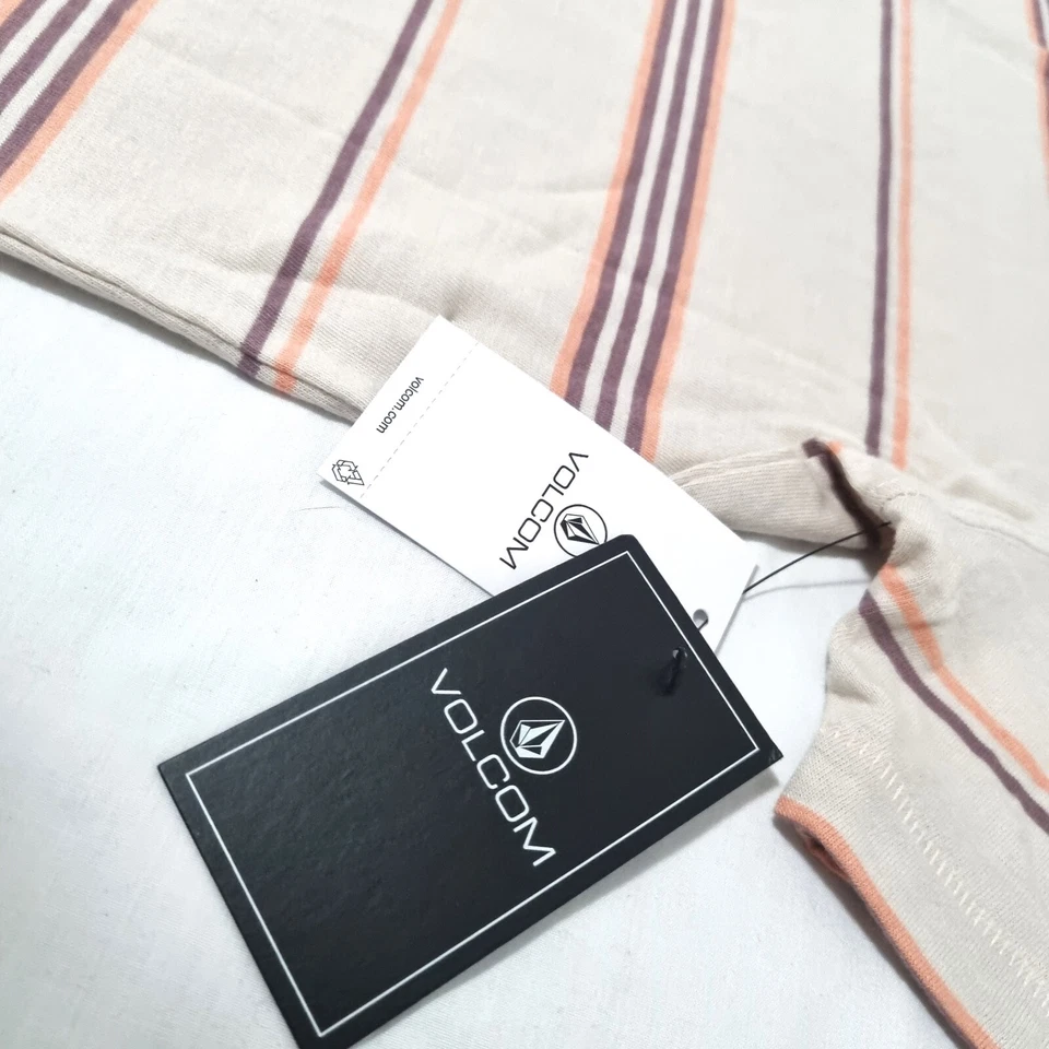 Volcom T-Shirt Tee Beige Short Sleeve Striped Round Neck BNWT Women Size 12 - Image 3 of 4