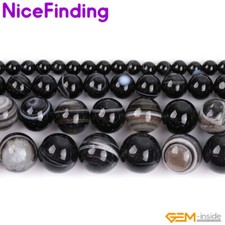 Natural Round Banded Black Sardonyx Agate Gemstone Beads For Jewelry Making 15"