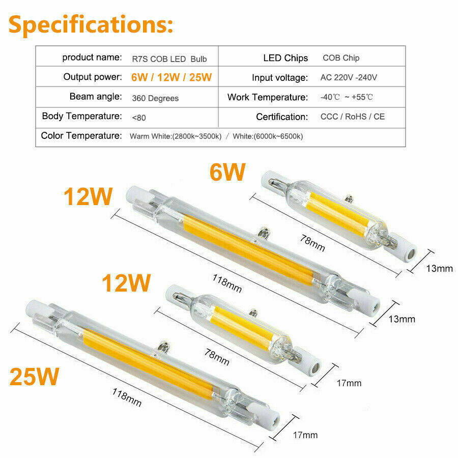 2X 5X LED R7s 78mm 118mm Glasröhre Glühbirne COB Ersetzen Halogenlampe 220V 240V