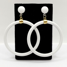 Large White Metal Round Open Hoop Total Retro Vintage 1980s Pierced Earrings