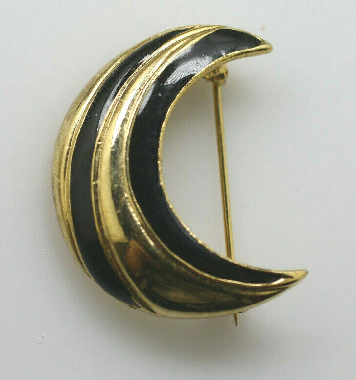 Vintage gold tone black enamel crescent moon shape classy retro