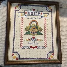 Vtg 1989's Colorful Cottage Home Sampler Counted Cross Stitch Kit Framed 11x14