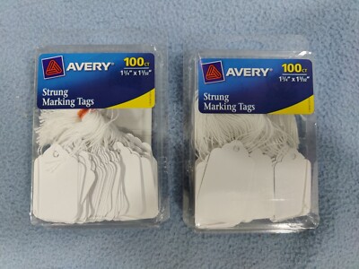 NEW LOT OF 2 - 100 COUNT PACKS AVERY STRUNG WHITE MARKING TAGS 1 3/4'' x 1 3/32''