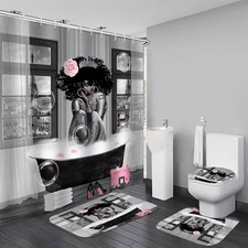4Pcs African Shower Curtain Sets with Rugs, Black Girl Shower Curtain for Bat...