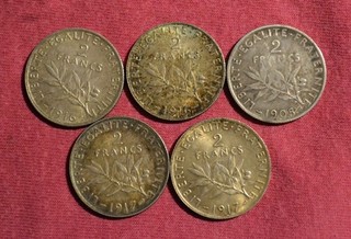 Pièce 2 Francs argent semeuse 5 pièces 1905 1916 1917