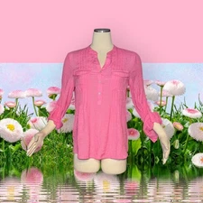 NOTATIONS Pink Long Roll Tab Sleeve Shirt Top FLAP POCKETS Women's PETITE Large