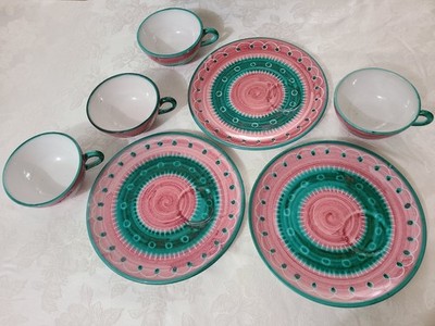 Vietri Hand Painted Traditional Italian Pink and Green Ceramic Cup and Plate Set