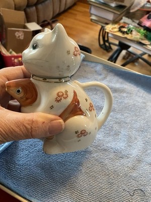 Vintage Chinese Floral Cat With Koi Gold Fish Porcelain Ceramic Teapot Creamer