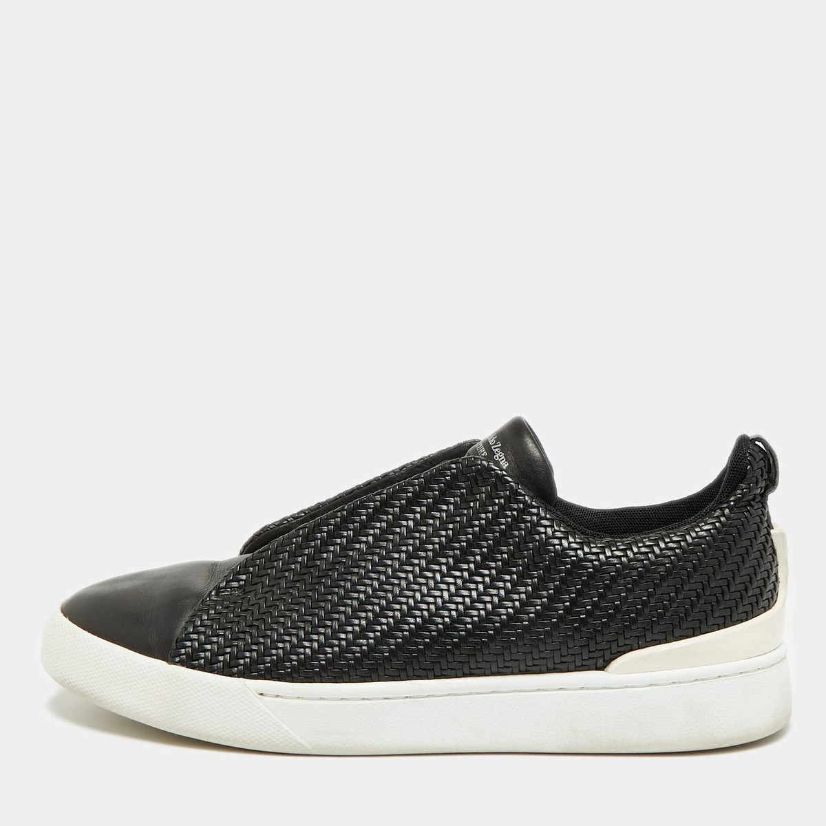 Ermenegildo Zegna Triple Stitch Size 41.5 Black Woven Leather Slip
