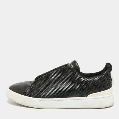 Ermenegildo Zegna Triple Stitch Size 41.5 Black Woven Leather Slip