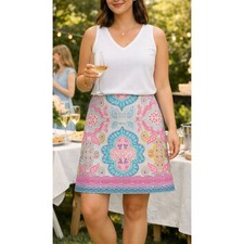 Talbots Size 8 Paisley Medallion Pencil Skirt Aqua Pink Cotton Stretch NWT