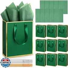 Yeaqee 10 Pack Metallic Paper Gift Bags with Handles Tissue Paper Green Gold 
