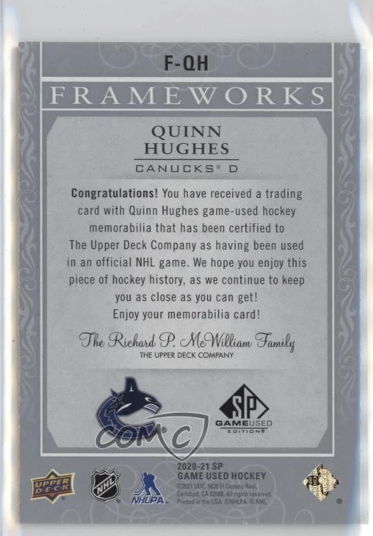 2020-21 Upper Deck SP Game Used Frameworks Quinn Hughes #F-QH - Image 2 of 2