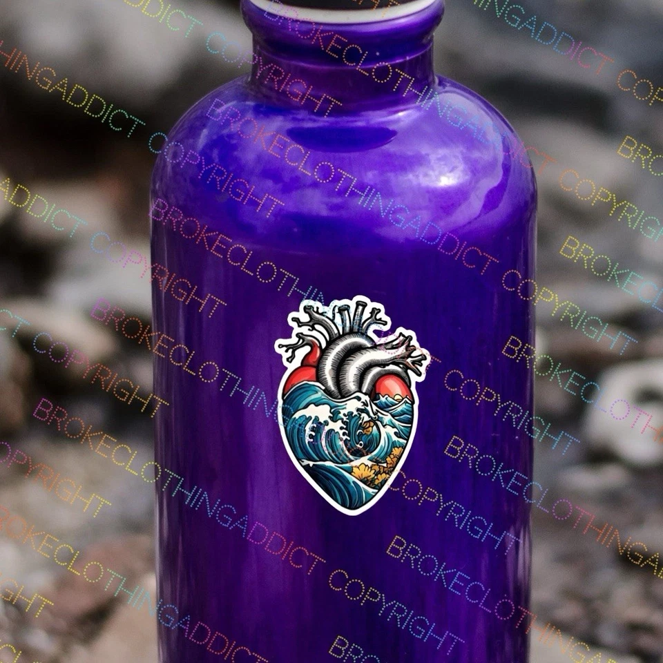 Pegatina de vinilo para botella de agua de enfermera médica playa ondas cardíacas anatómicas Foto 2 de 4