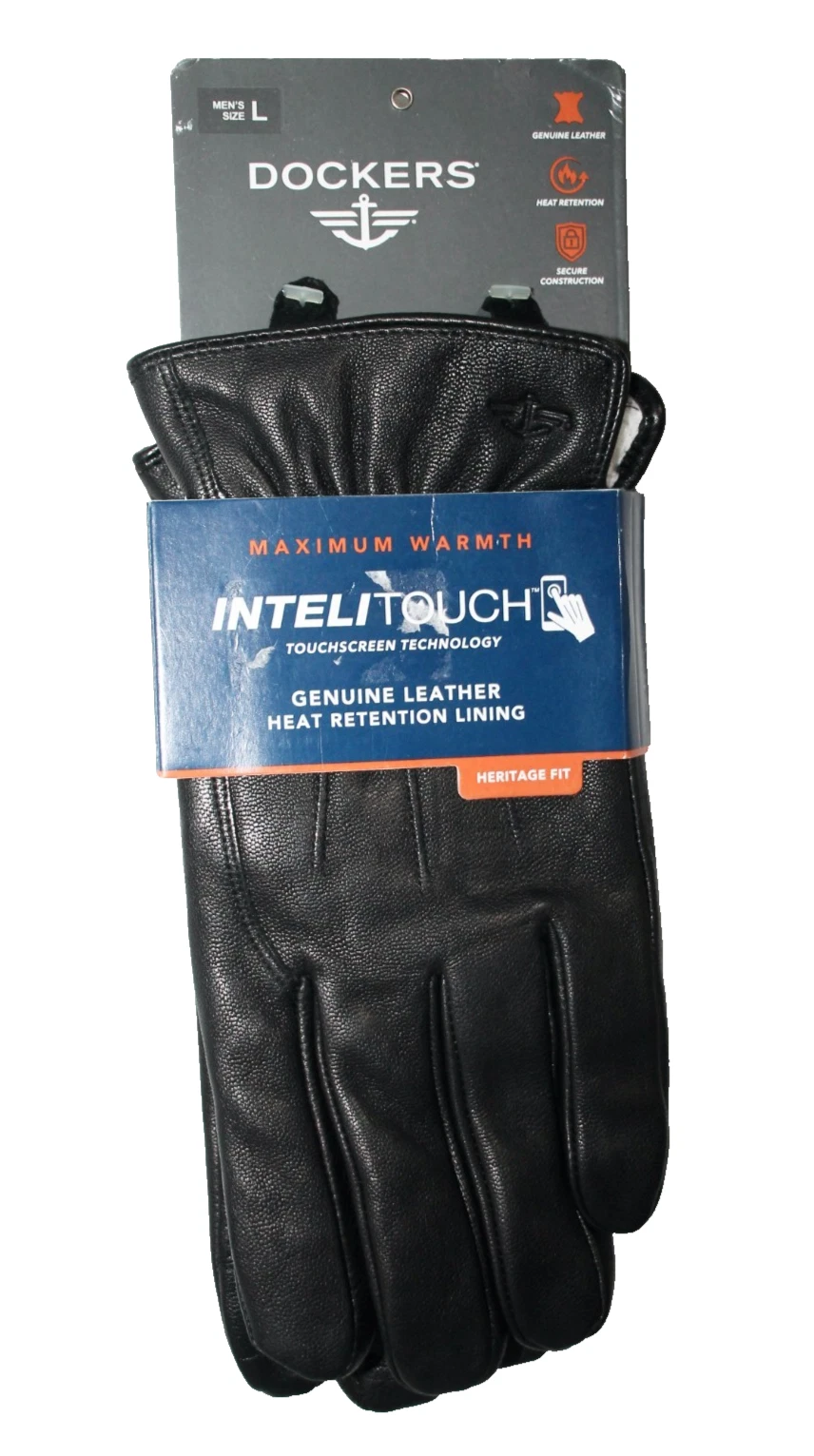 DOCKERS Men's Intelitouch Leather Gloves Size Large Black Heritage Fit Lined