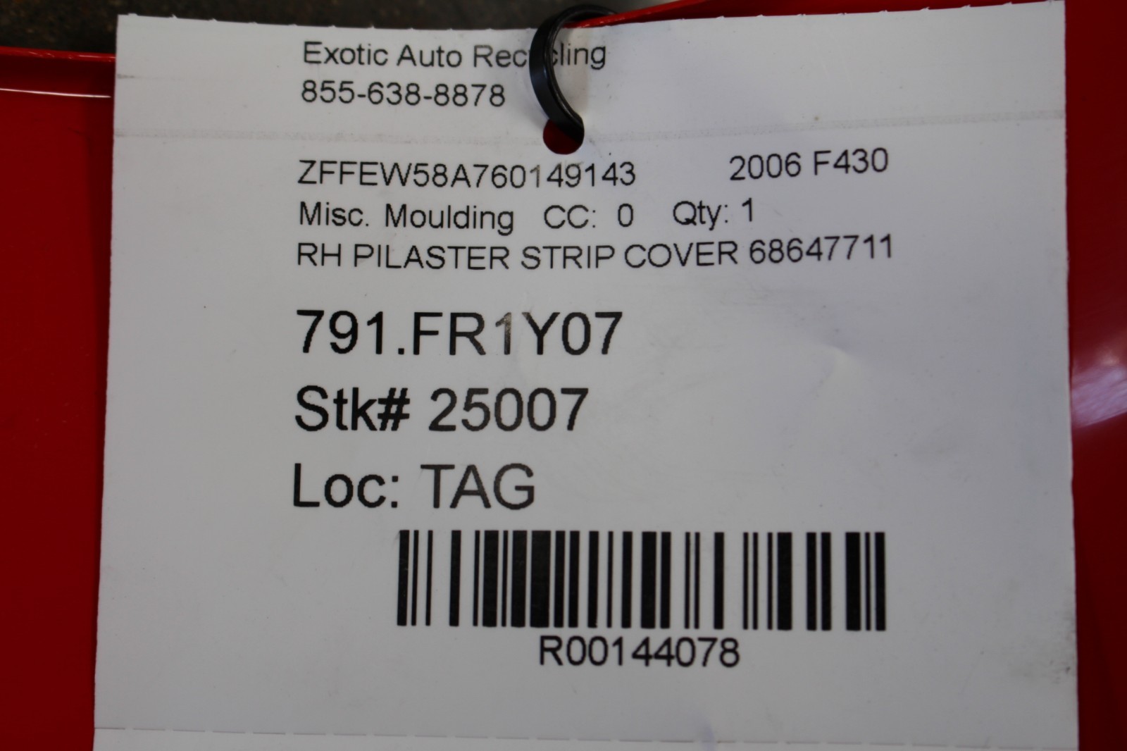 Ferrari F430, RH, Right, Door Inner Catch Panel, Used, P/N 68647711