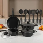 13PCS/Set Fry Pan Stockpot Black Cookware Set Stainless Steel Glasss Non-Stick