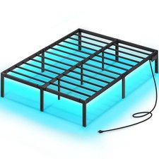 Bed Frame with USB Charging Station, Queen Bed Frame with LED Lights, Platfor...