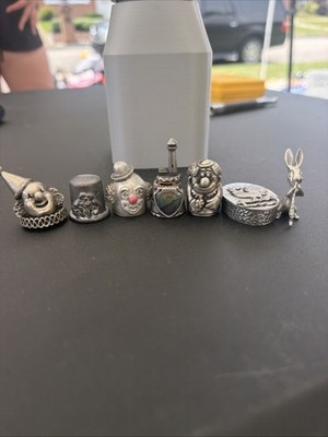 7 Vintage Collector Thimbles Pewter Metal 1 Bell *