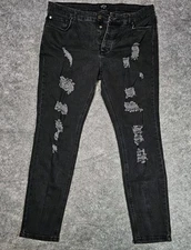 BooHoo MAN Jeans Men's 38 Measure: 38x31 Black Distressed Straight Button Fly