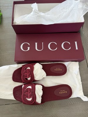 Gucci Women s Burgundy Logo Leather Slide Sandals US 8 EU 38 New w/ Box