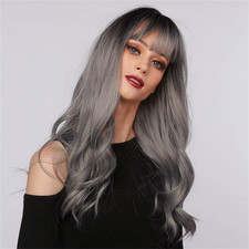 Long Wavy Silver Ash Ombre Cosplay Synthetic Wigs Natural Curly Gray Black Hair