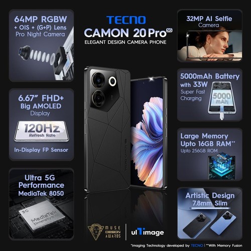 Tecno Camon 20 PRO 5G Blue (RAM 8GB, 128GB) 6.67" 64MP Camera Dual SIM CK8n - 第 4/8 張圖片