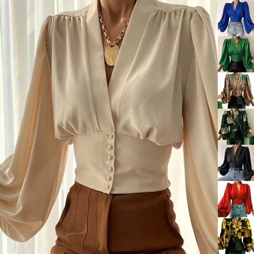Women Blouse Long Sleeve Shirts Ladies Loose Business V Neck Tunic Shirt - Picture 2 of 19